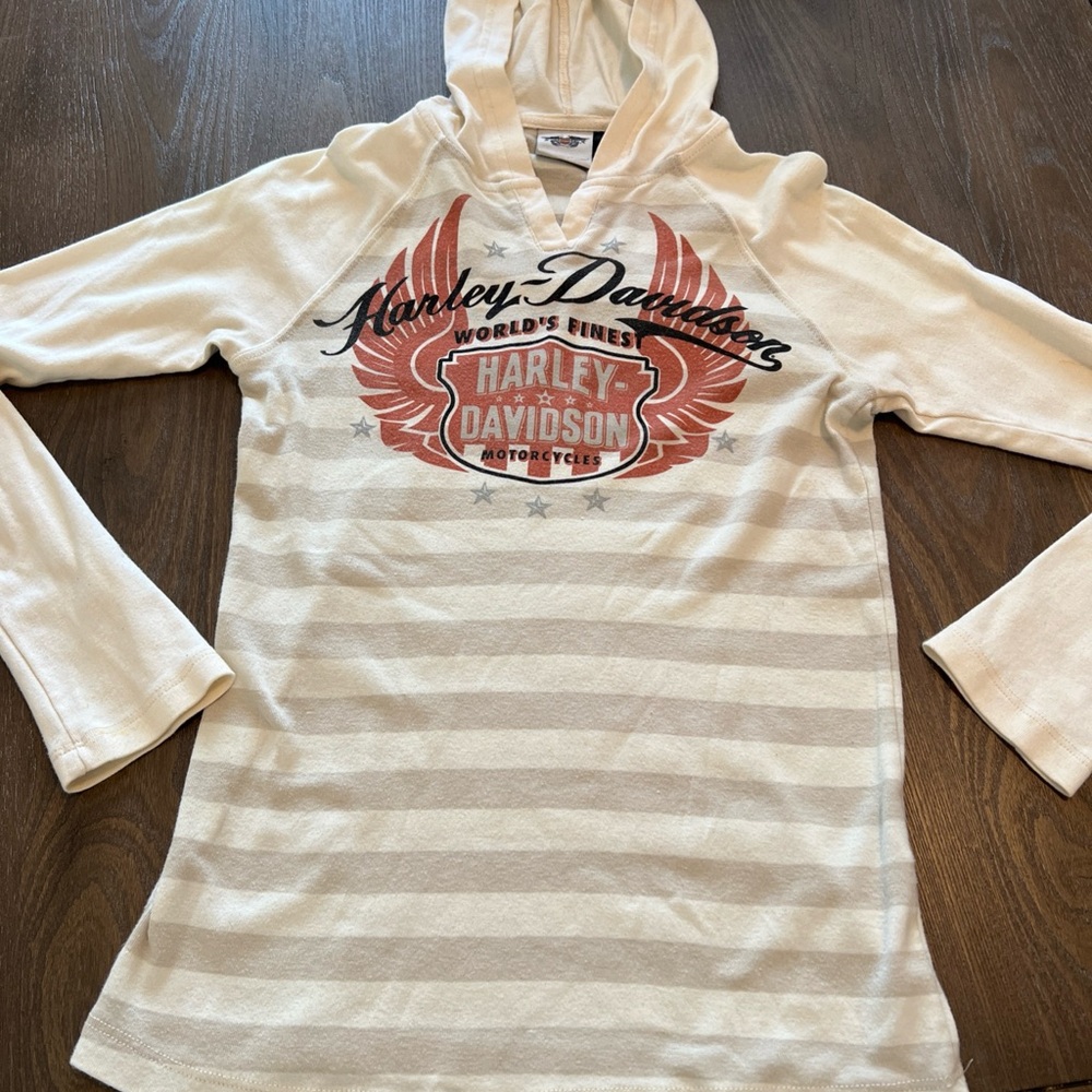 Harley-Davidson Cream Striped Hoodie. Womens size Small.  Comfy. Lightweight